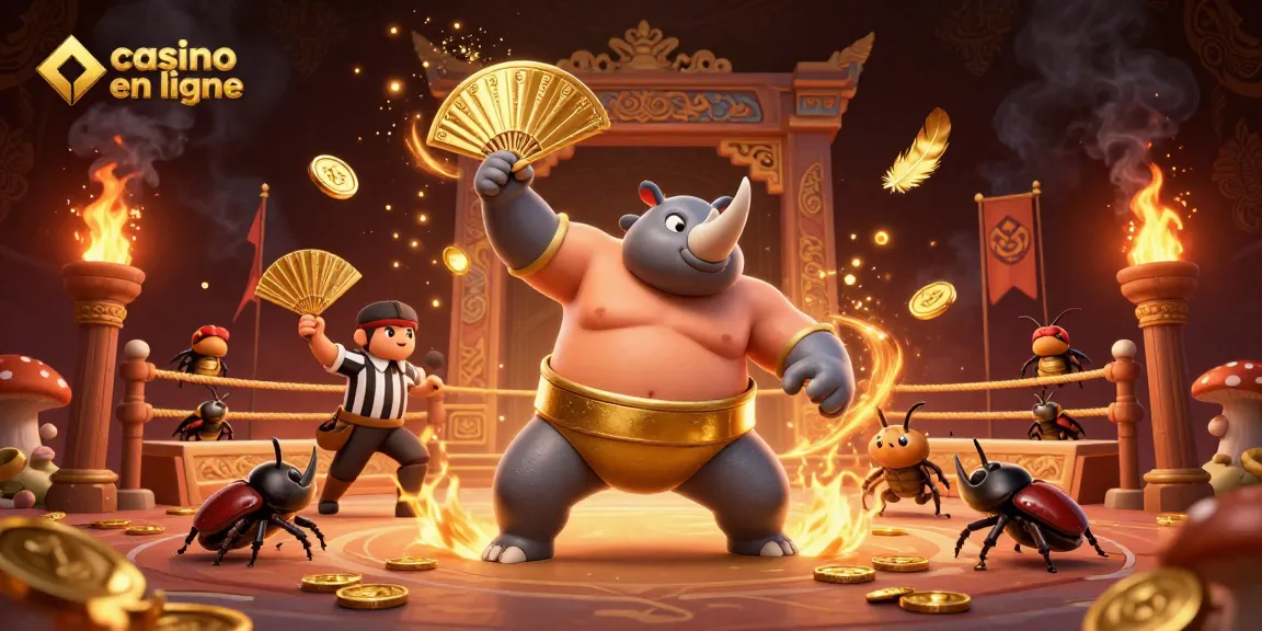 Le champion sumo scarabée rhinocéros dans une illustration de casino en ligne, entouré de pièces d'or et d'effets dramatiques.