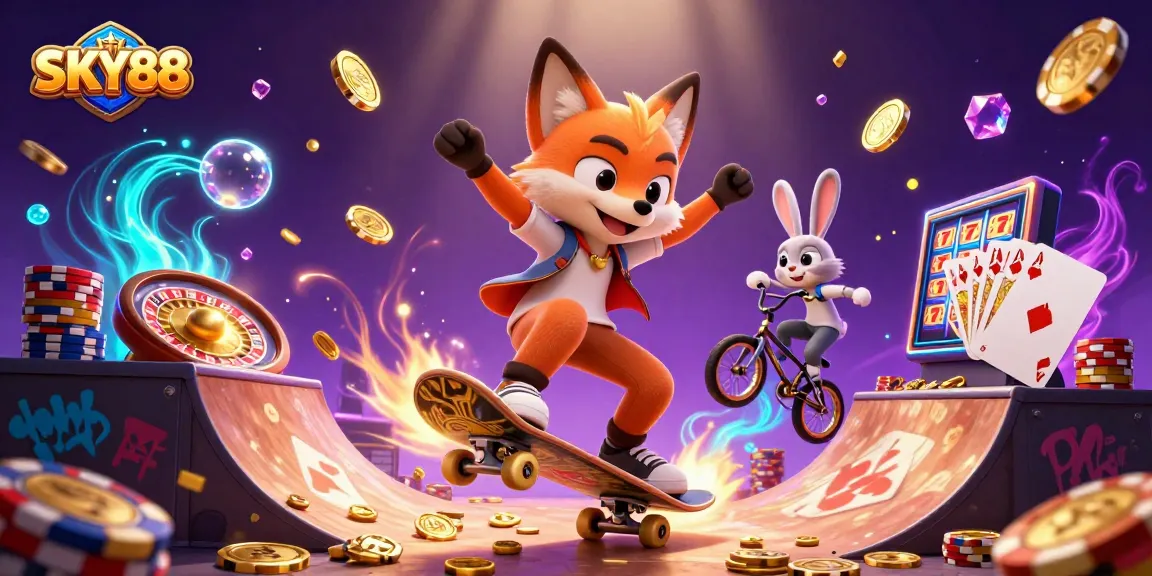 Experience the excitement of SKY88 with vibrant 3D characters in a casino-themed digital illustration.