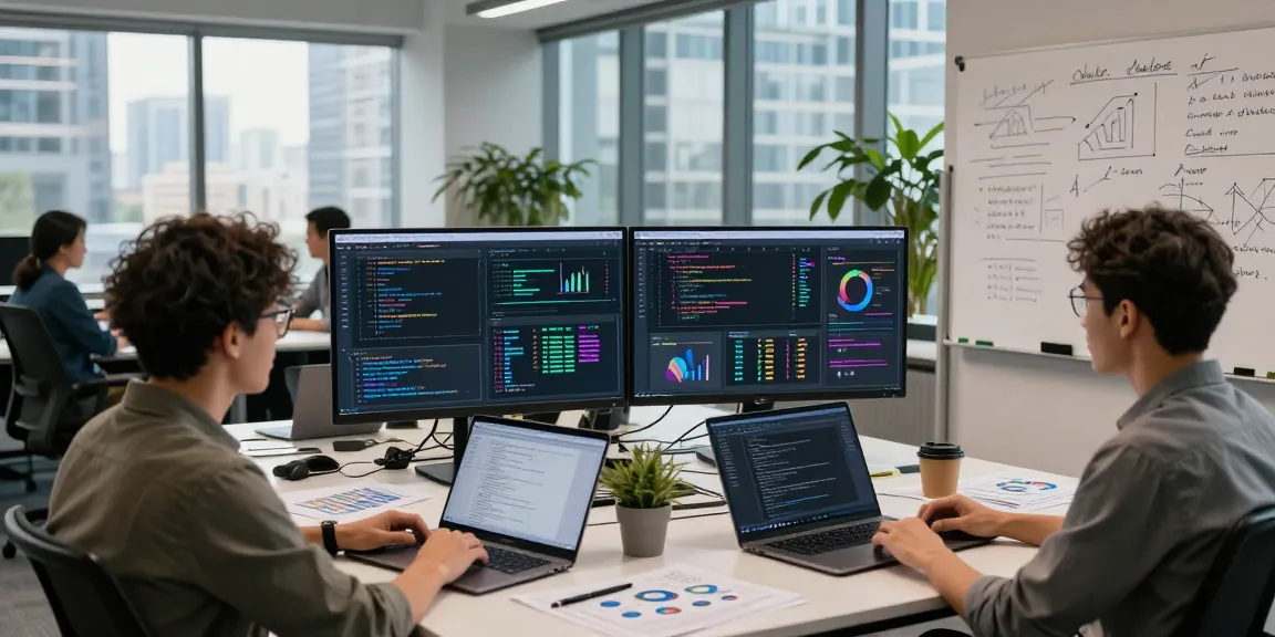 AI Detector analysis in a contemporary tech office with dynamic data visuals and team collaboration.