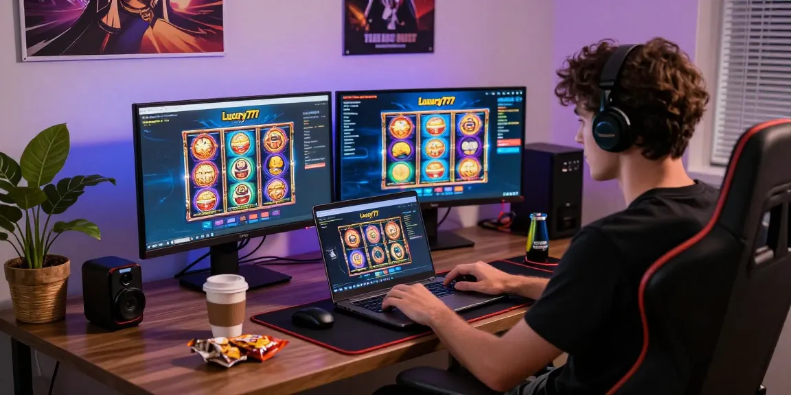 Cara Login LUXURY777 dalam suasana gaming nyaman dengan monitor menampilkan permainan slot