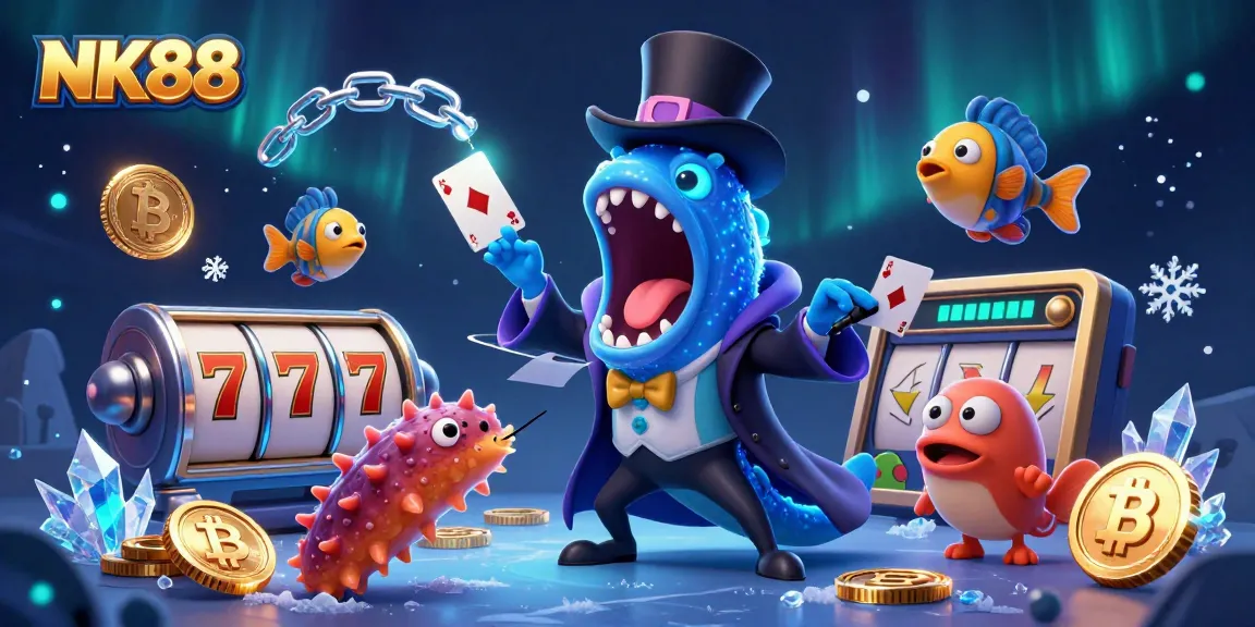 Performing tricks at NK88, a vibrant 3D illustration featuring casino elements and magic act characters.