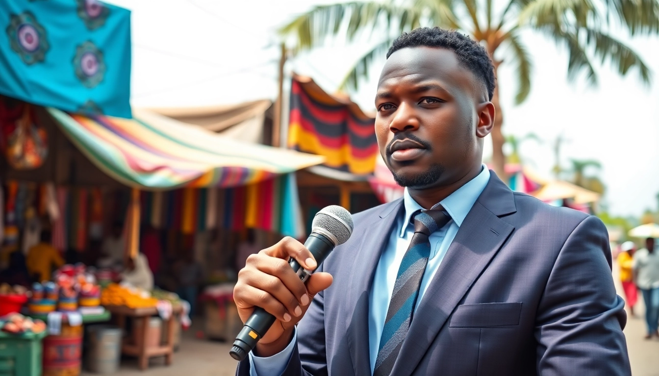 Cover journalist sharing Naija news amidst vibrant Nigerian market life.