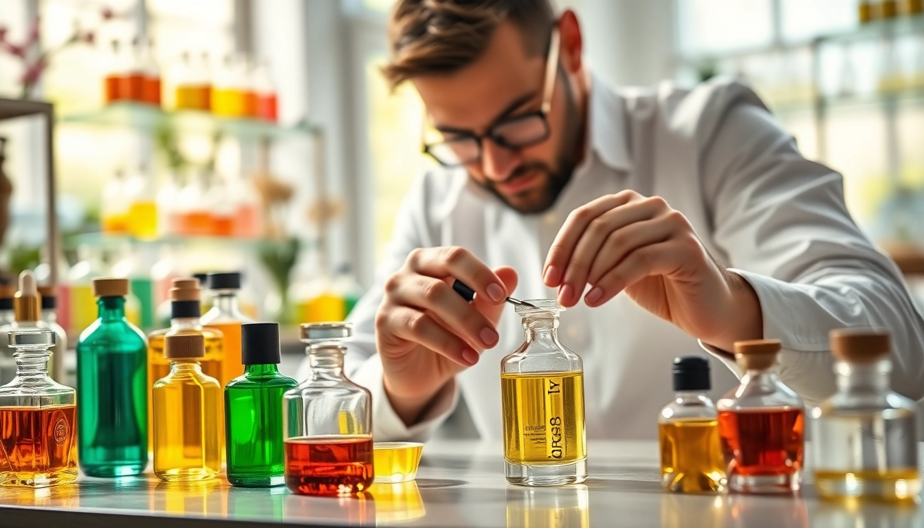 Learn about Perfume Notes Explained with a perfumer blending vibrant scents in a workshop setting.