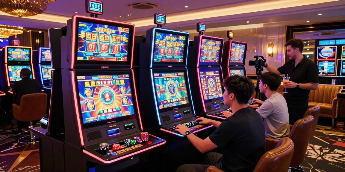 LUXURY777 di ruang permainan mewah dengan pemain slot, lampu neon dan dekorasi mewah.
