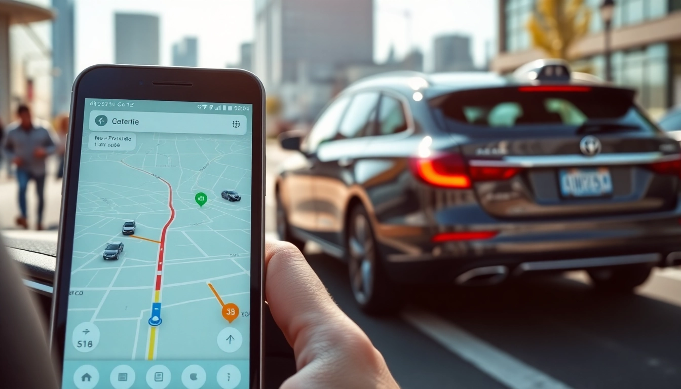 Showcasing a reliable ride sharing app interface with a sleek vehicle in an urban setting.