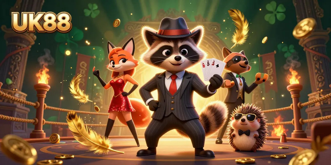 UK88 casino illustration depicting characters in an exciting gaming atmosphere with action-packed elements.