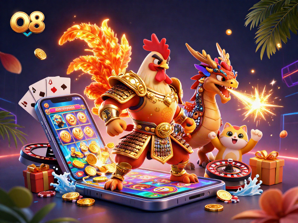 Engage with the dynamic O8 casino illustration featuring a rooster warrior and dragon hatchling.
