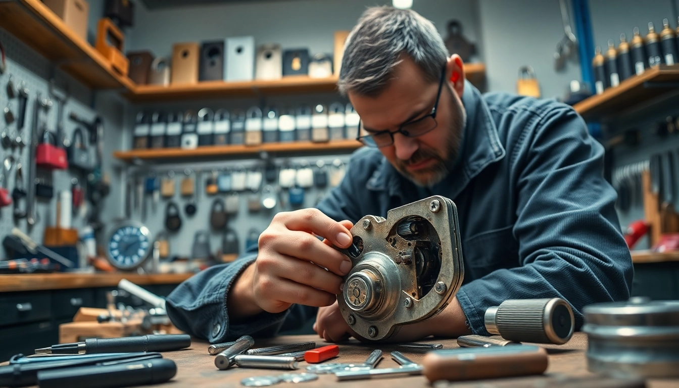 Locksmiths Durham expertly repairing locks in a well-equipped workshop.