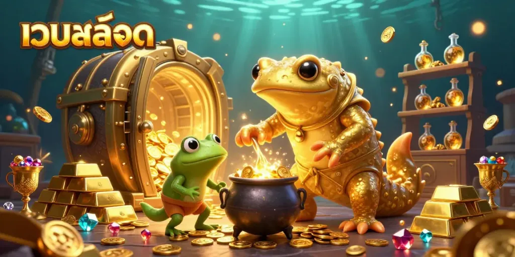 Experience เว็บสล็อต excitement with vibrant 3D digital art featuring golden elements and playful characters.