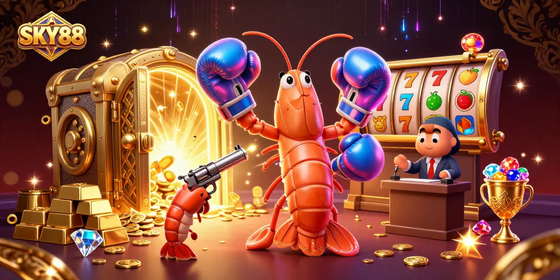 SKY88 gamers celebrating with vibrant 3D illustration of animated sea creatures and slot game elements.