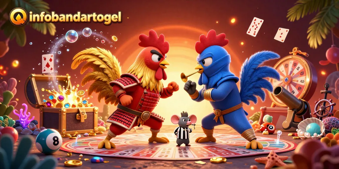 Experience intense action with infobandartogel's fighting roosters, surrounded by vibrant lottery elements.