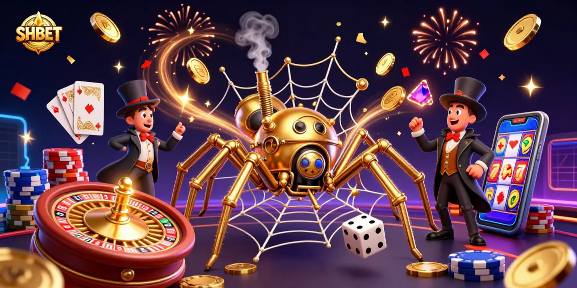 Experience SHBET's vibrant casino world with golden coins flying and a steampunk spider in action.