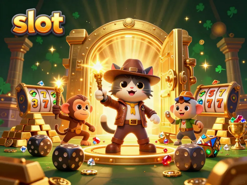 Experience the excitement of slots with an illustrated explorer cat and treasure-filled scene.