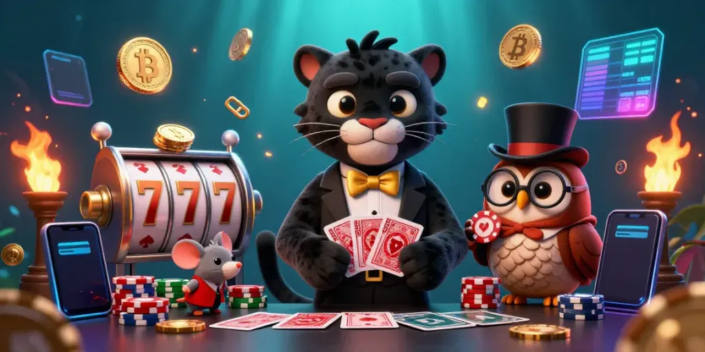 Permainan slot dengan panther bergaya menangani kartu, burung hantu dengan chip, dan tikus keberuntungan.