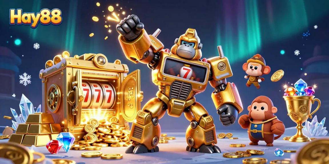 Join the excitement at Hay88 with a stunning 3D illustration showcasing a dynamic golden gorilla mech and riches.