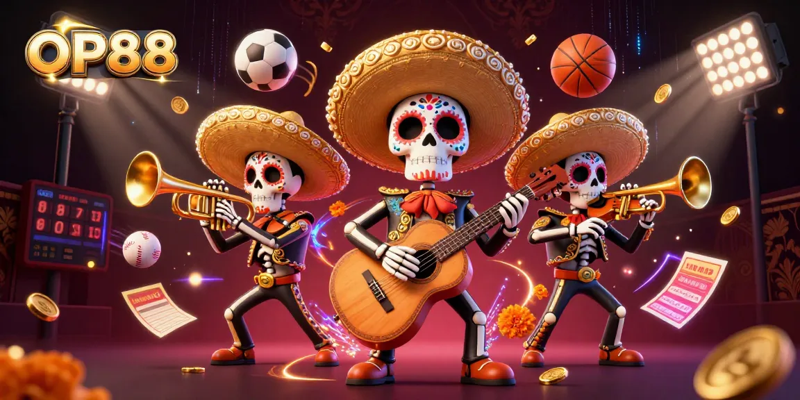 Experience vibrant gaming excitement with OP88 as Day of the Dead skeleton mariachi musicians perform amidst dynamic sports elements.