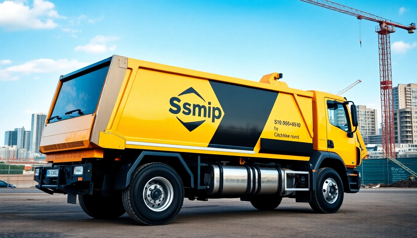 Monster Skips truck parked at a construction site showcasing reliable skip services.