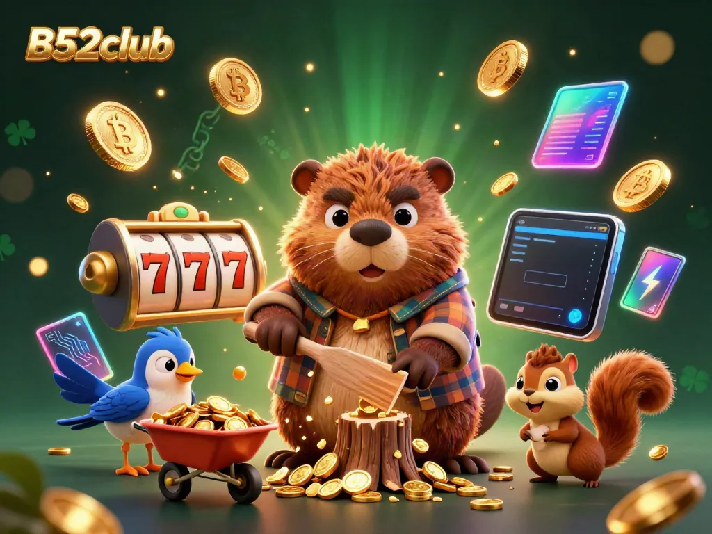 Engaging illustration featuring B52club's lively beaver character in a casino-themed setting.