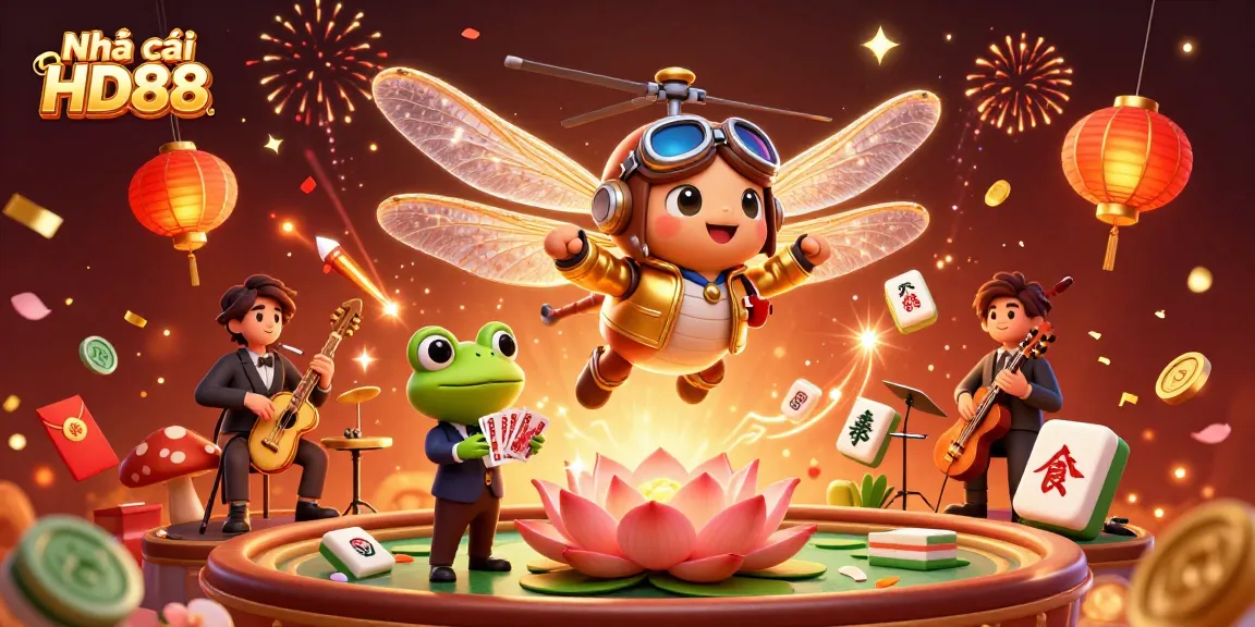 Engaging scene showcasing Nhà cái HD88 with a dragonfly pilot and frog croupier amidst vibrant casino elements.