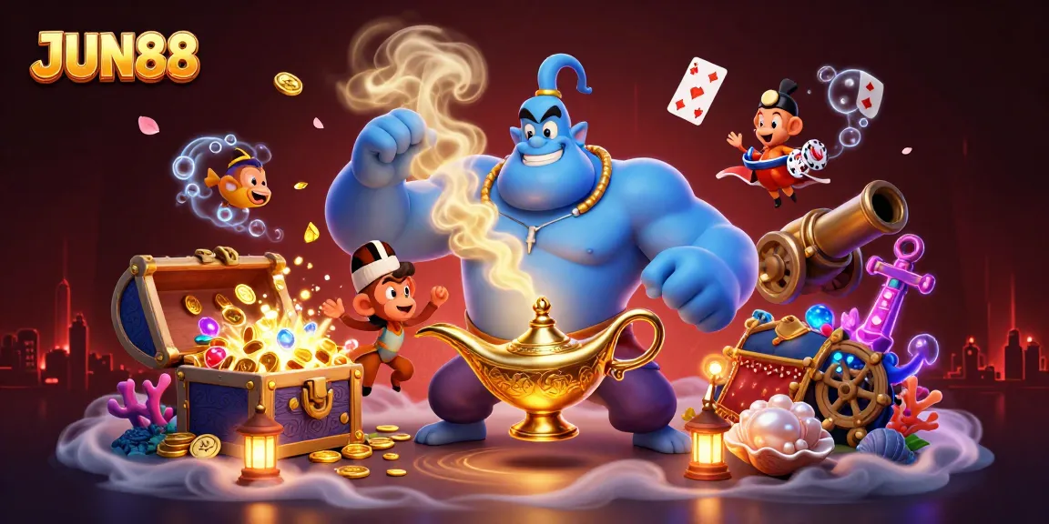 Bet on JUN88 with a magical gaming experience featuring a genie, treasure, and poker chips.
