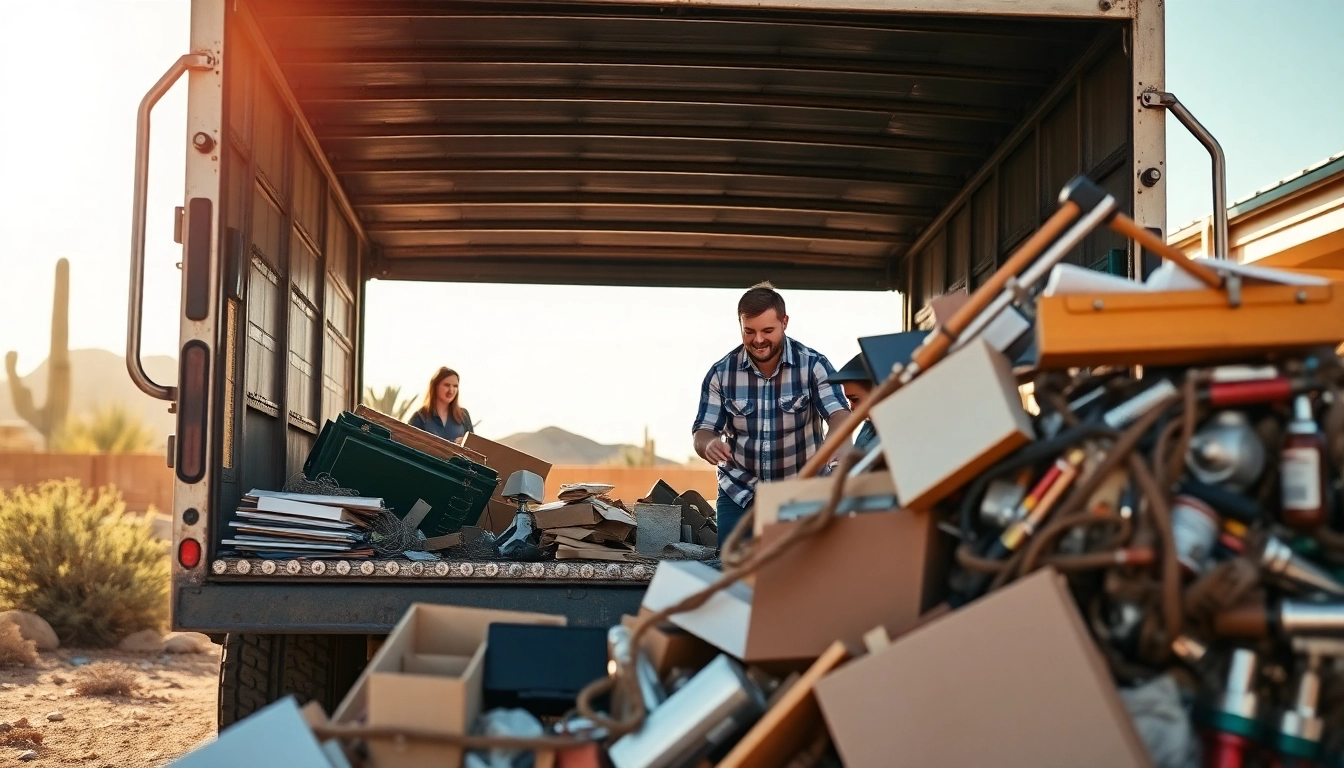 Junk removal Phoenix AZ team clearing debris from residential yard with efficiency and professionalism.