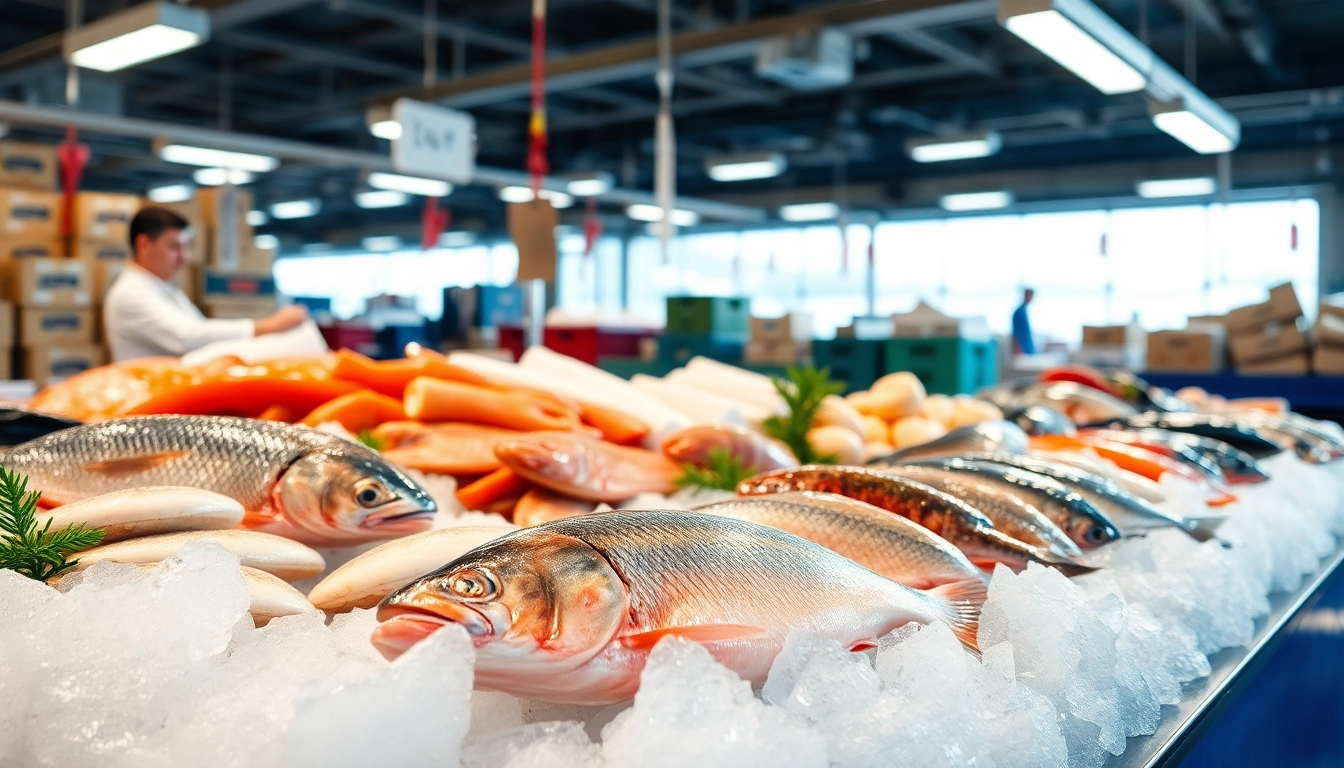 Showcasing fresh seafood prominently as a premium seafood exporter in a vibrant market setting.