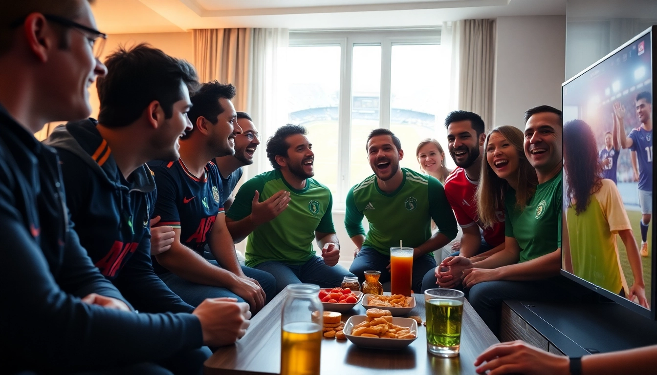 Nikmati nonton bola seru bersama teman-teman di ruang tamu yang penuh semangat.