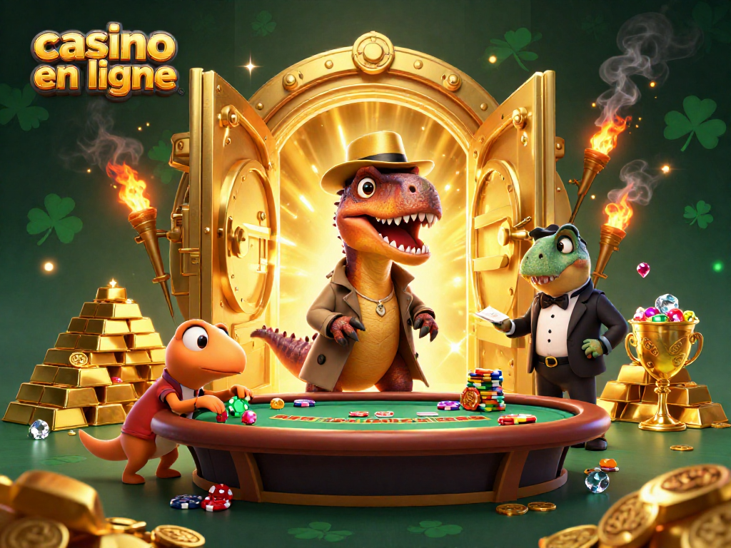 Jouer au casino en ligne avec une illustration d'un velociraptor en trench coat au blackjack, entouré de trésors.