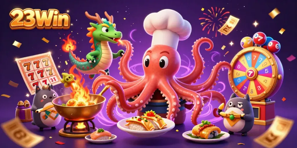 Experience excitement with 23Win as a whimsical octopus chef prepares gold dishes amid thrilling slots and lottery fun.