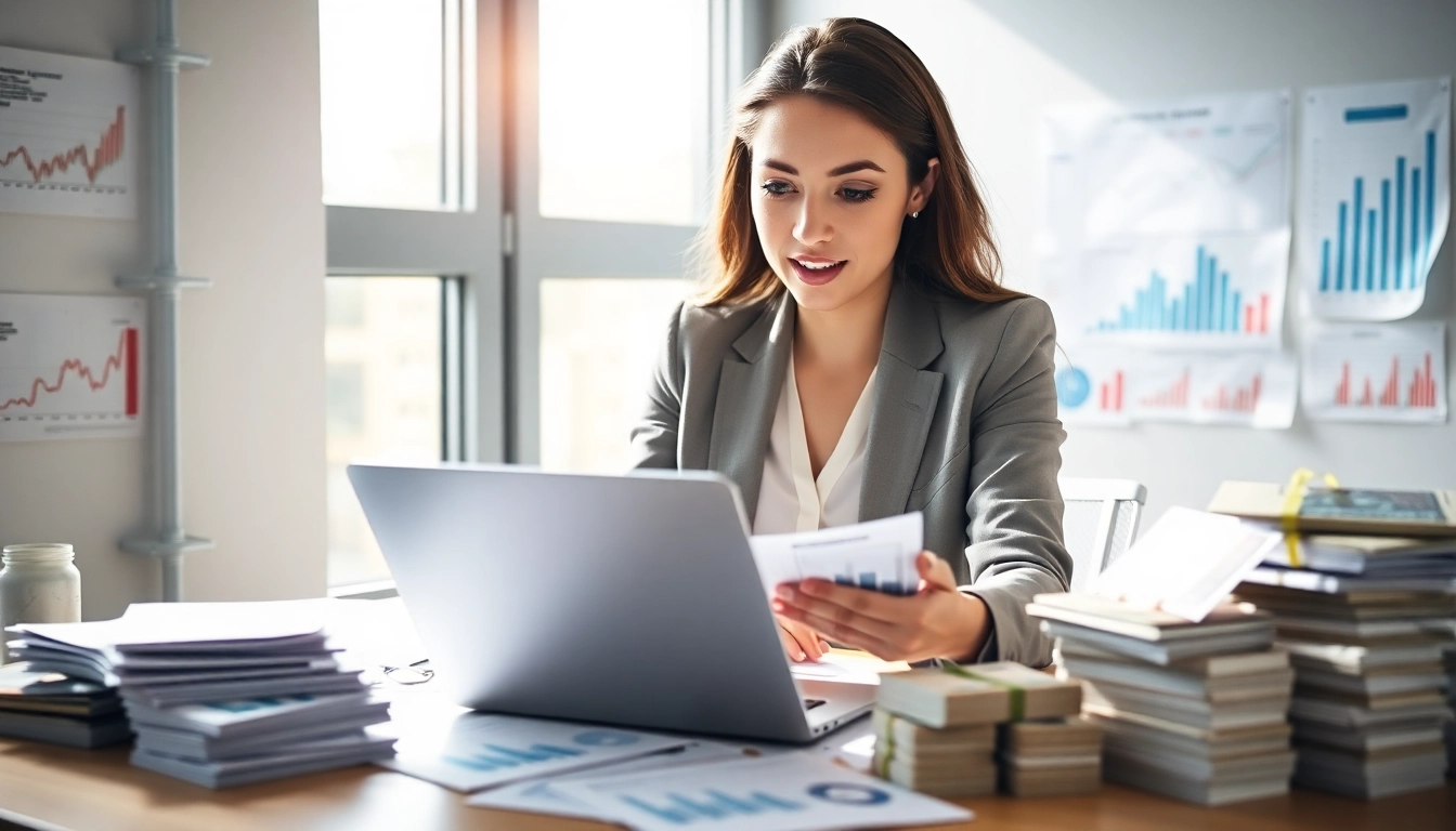 Businesswoman reviewing Square merchant cash advance financial data in a modern workspace.