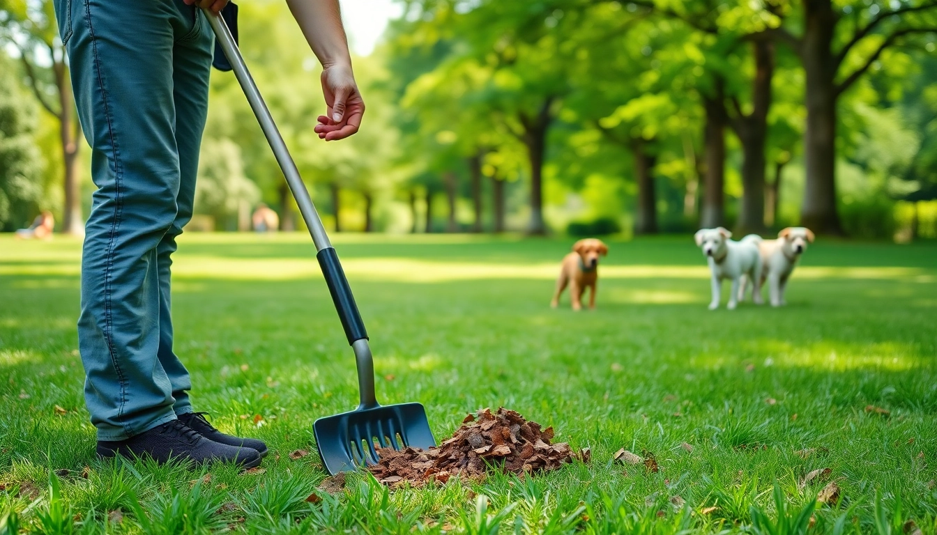 Efficient pooper scooper company team member removing waste in a vibrant park setting.
