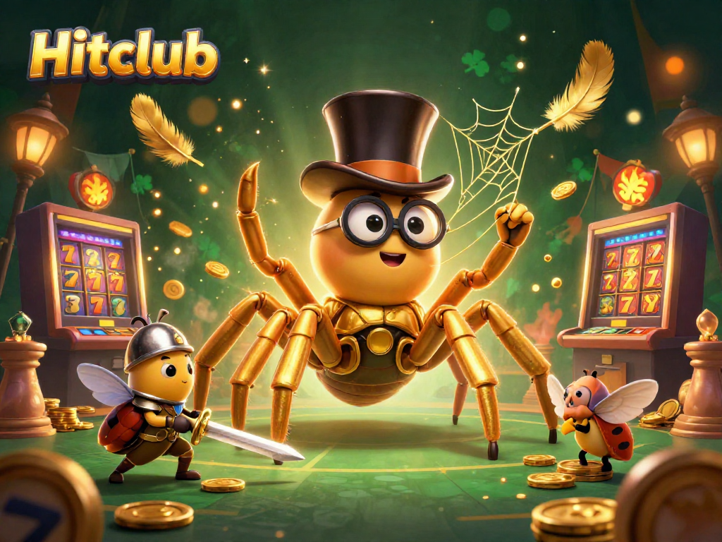 Hitclub casino scene featuring a golden tarantula weaving a web of slots and gold tokens.