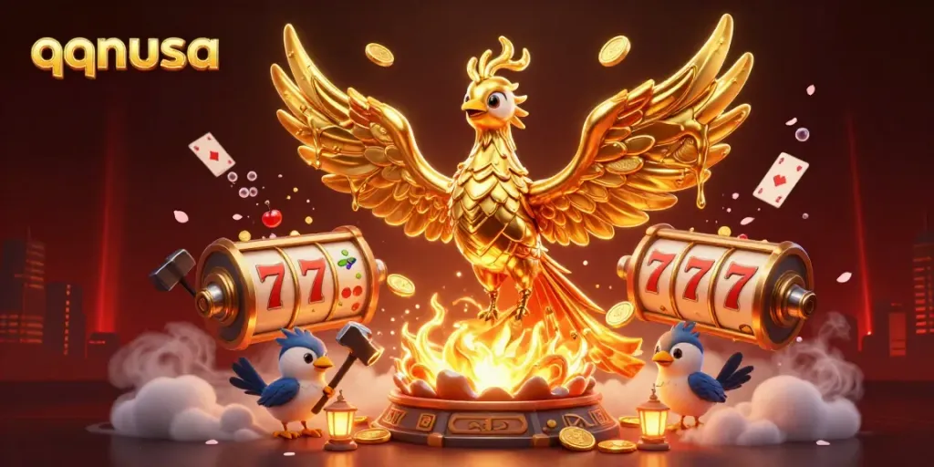 Spin the reels with qqnusa's golden phoenix illustration, showcasing vibrant slot elements and a magical atmosphere.