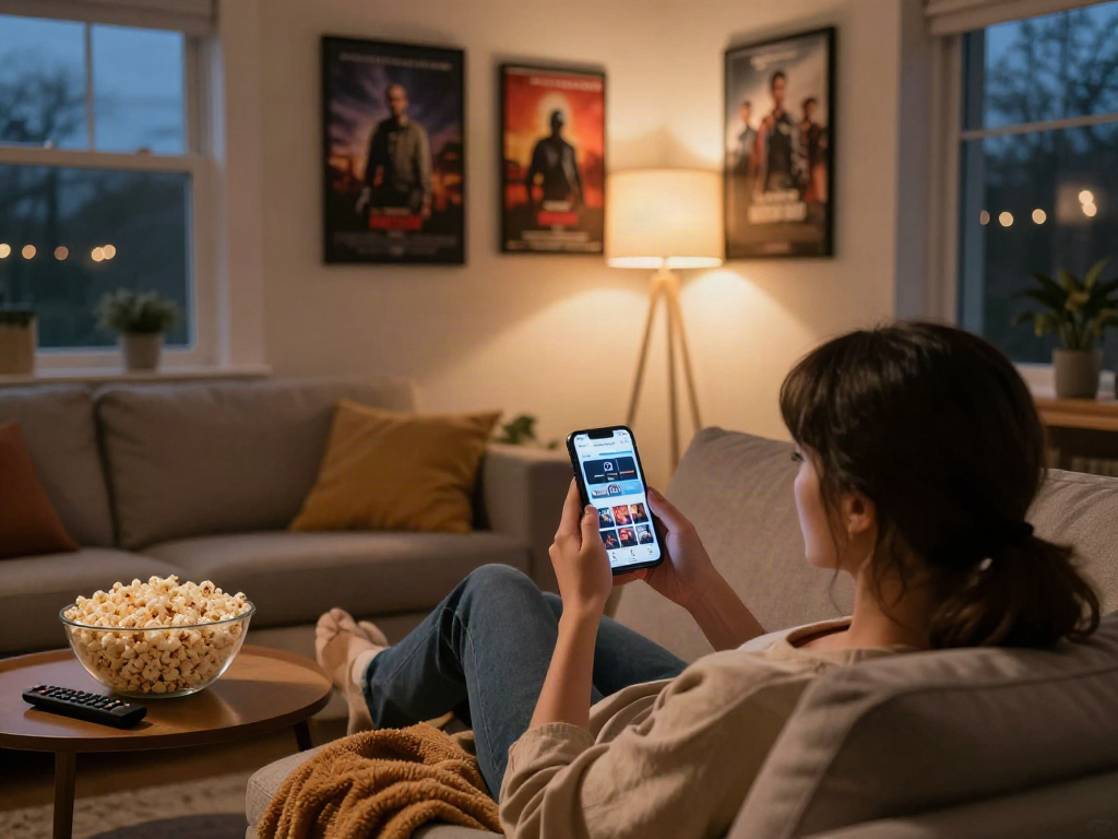 Individual enjoying movie night using the Moviebox apk on smartphone, cozy living room with popcorn.