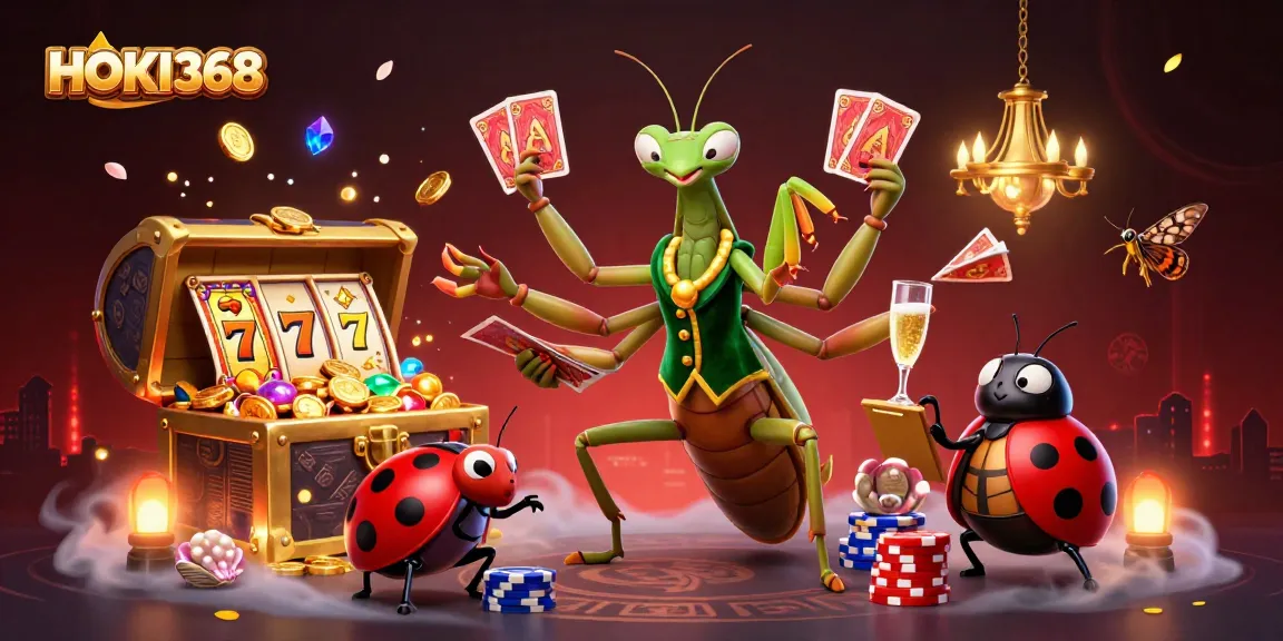 Engage with HOKI368's thrilling gameplay as vibrant slot reels spin in a lively casino scene.