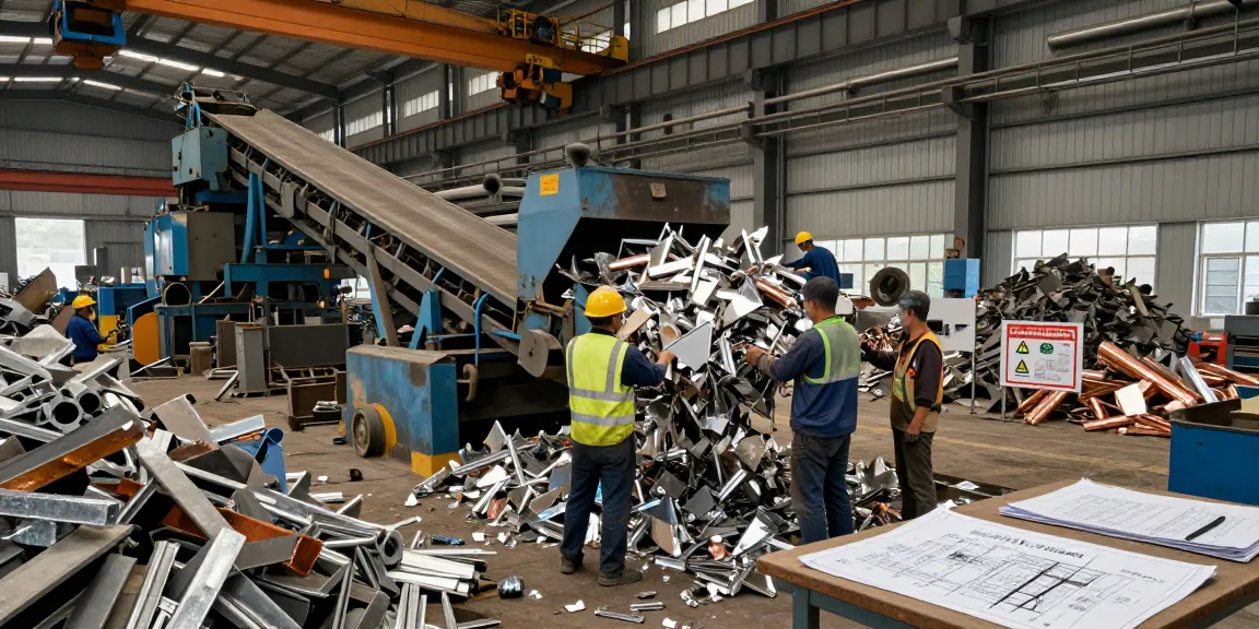 Fasilitas scrap metal NAGA2000, pekerja sedang memilah logam bekas berkualitas di https://www.scrapsolutionplace.com/ dengan peralatan keselamatan.