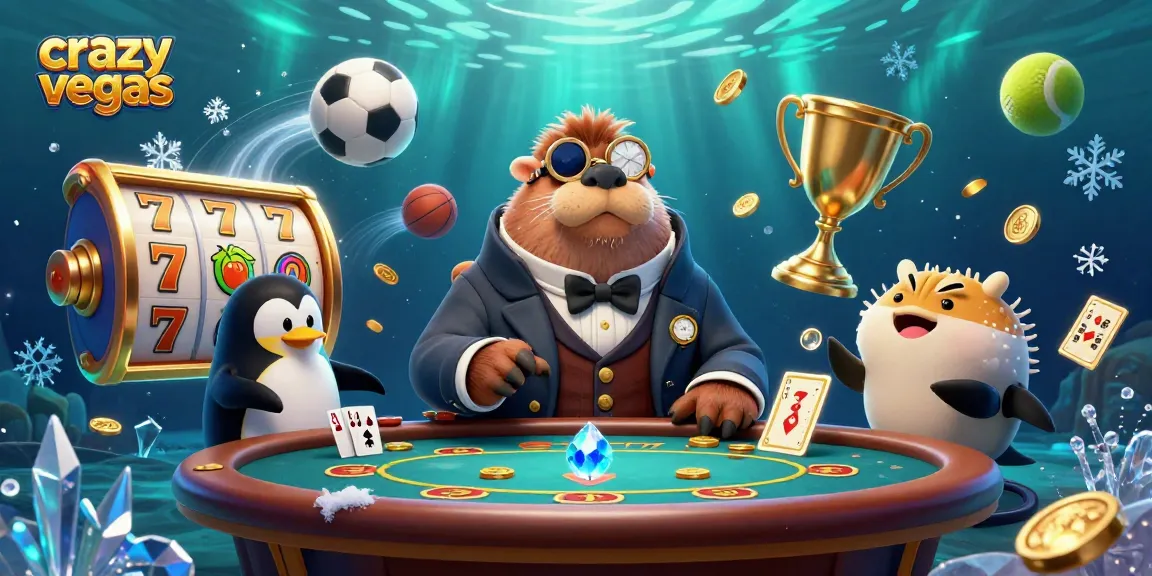 A 3D casino scene with a walrus, penguin dealer, and bluffing pufferfish showcasing crazyvegas excitement at an underwater poker table.