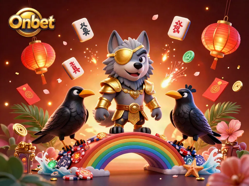 Experience the thrill of Onbet with dynamic 3D casino-themed Norse mythology elements in vibrant colors.