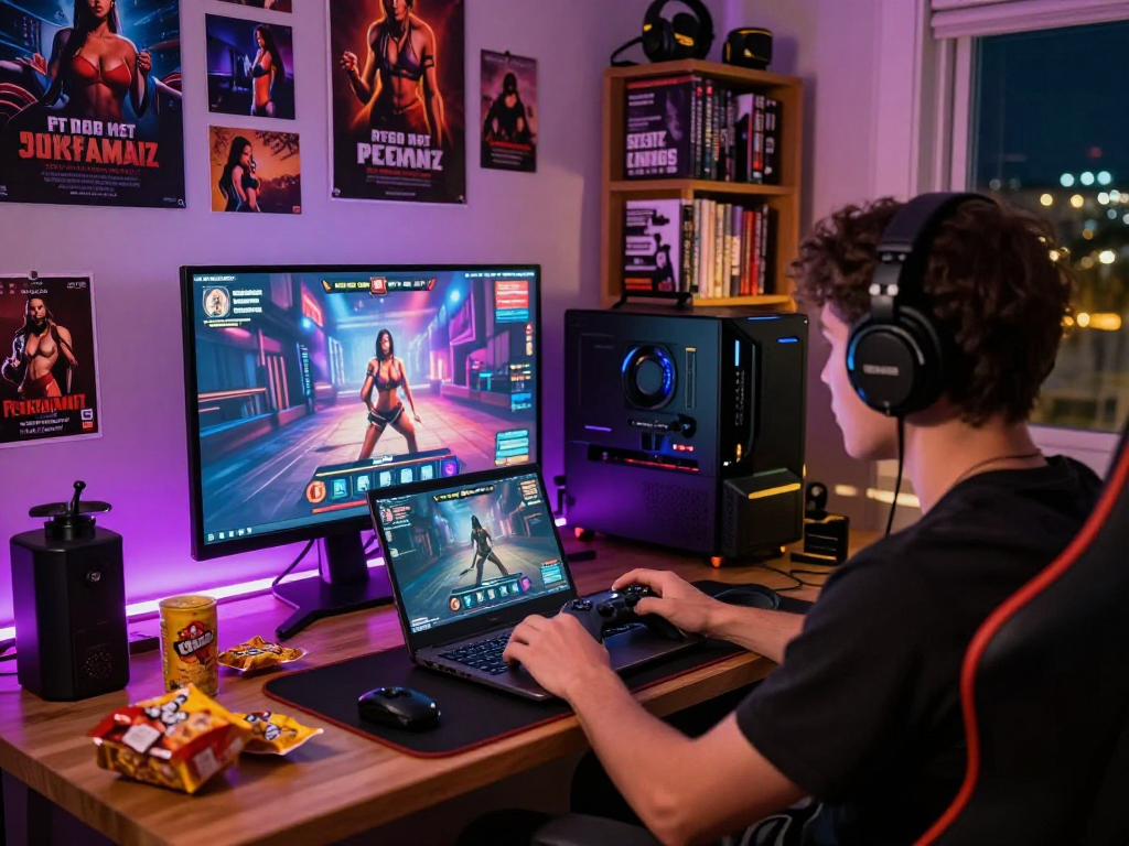 Gamer enjoying real sex games in cozy gaming nook with immersive atmosphere.