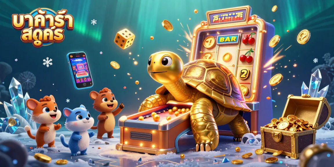 Engaging 3D scene showing the บา ค่า ร่า สูตร concept with a colossal golden tortoise pinball machine and casino elements.