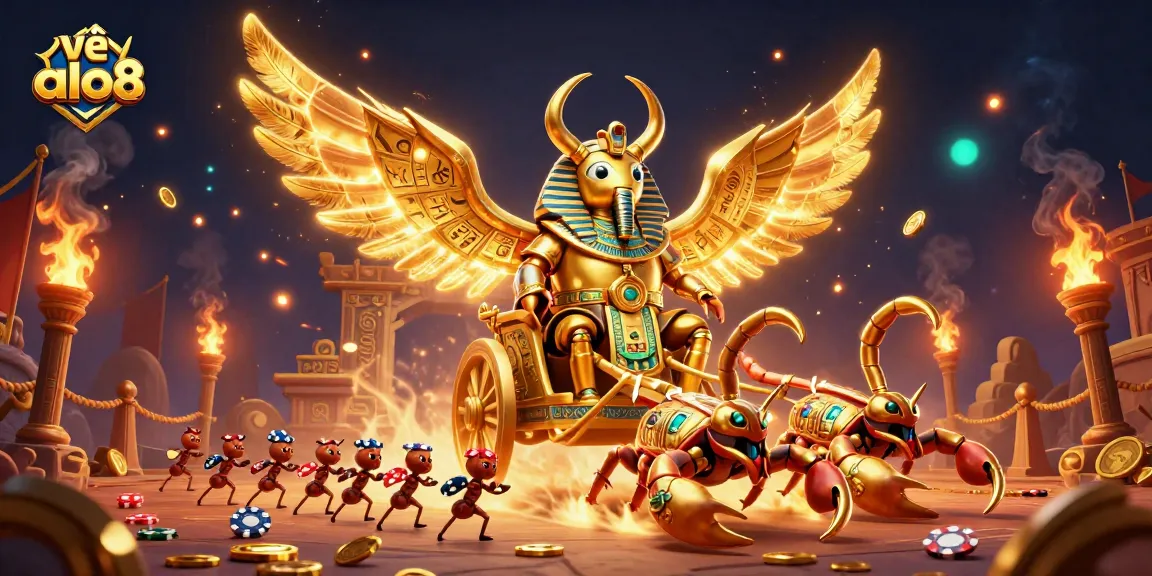 Engage in the exciting world of về alo8, highlighting a majestic golden scarab beetle and casino elements.
