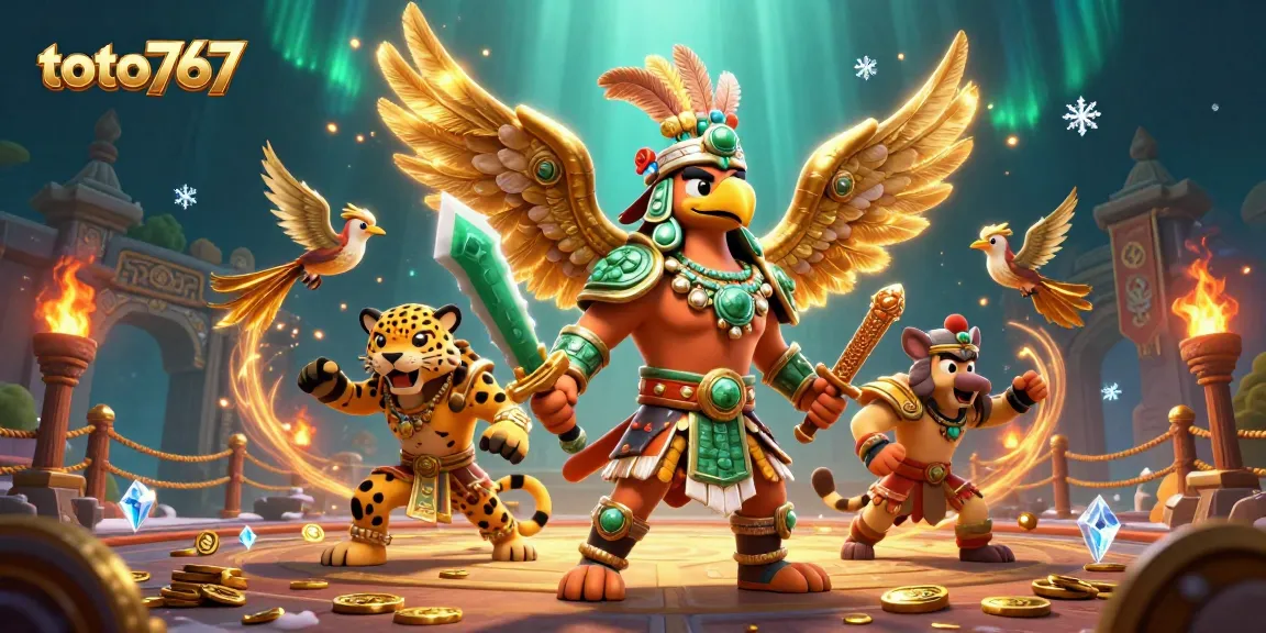 Menangkan permainan di toto767 dengan ilustrasi karakter Aztec dan elemen kasino yang memukau.