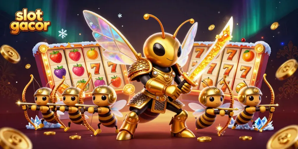 Experience the excitement of slot gacor with a vibrant 3D illustration featuring dynamic characters and game elements.