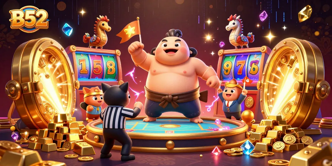 B52 gaming scene with a blowfish, catfish referee, and seahorses featuring vibrant slots and treasures.