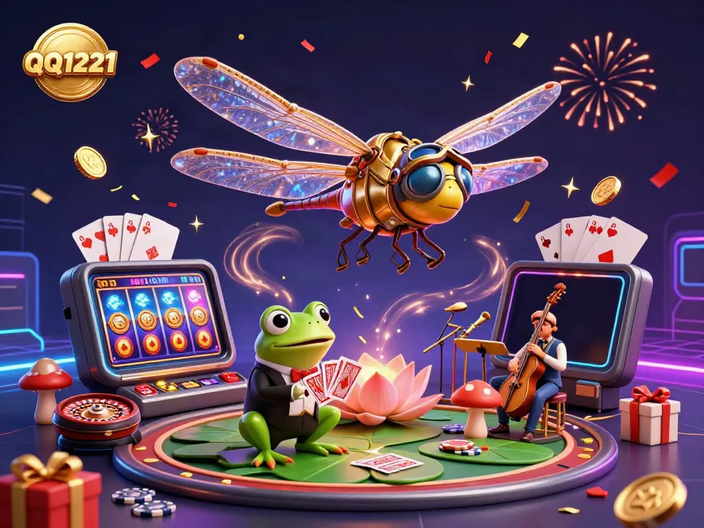 Experience QQ1221's vibrant gaming atmosphere with a dragonfly pilot and frog dealer amid festive scenes.