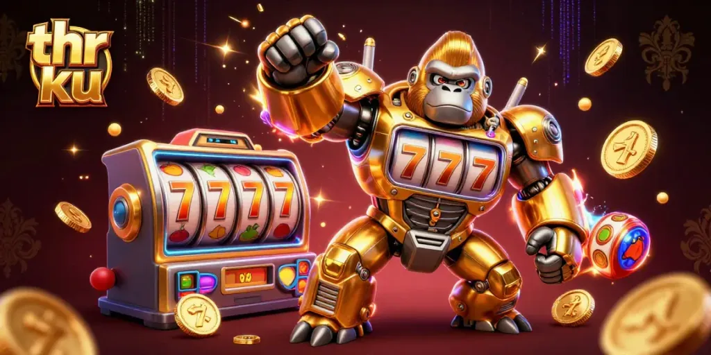Experience the thrill of winning at thr ku with a vibrant 3D slot machine gorilla mech illustration.