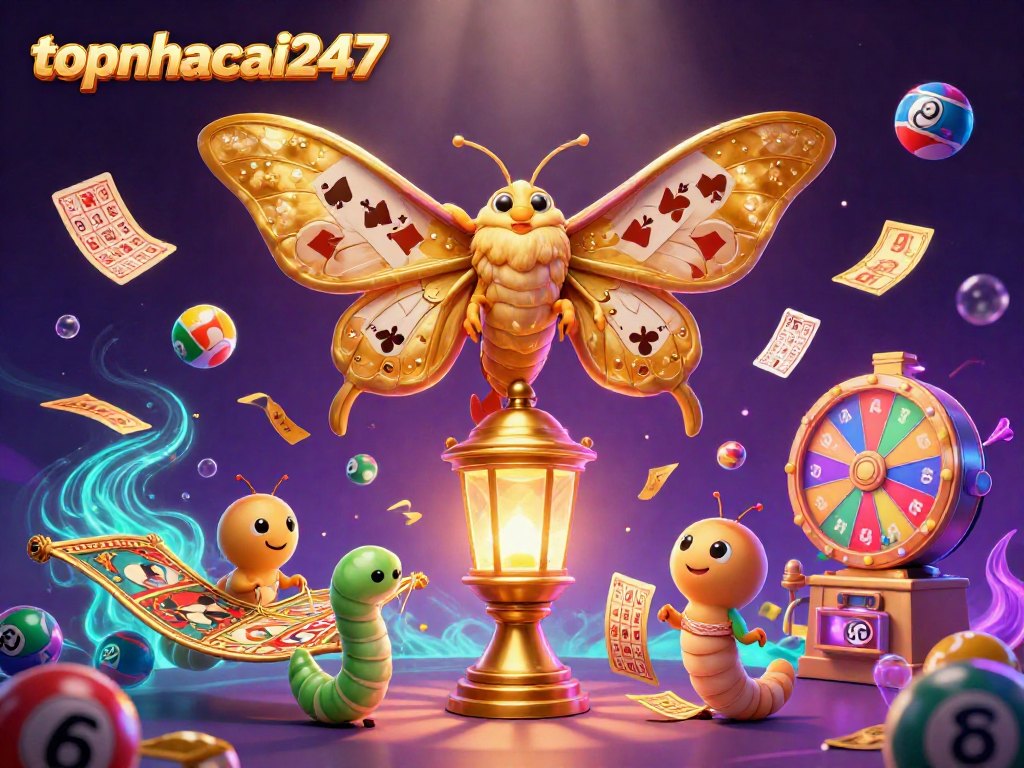 Experience thrilling gaming with topnhacai247's vibrant animated casino scene featuring a golden moth and lottery elements.