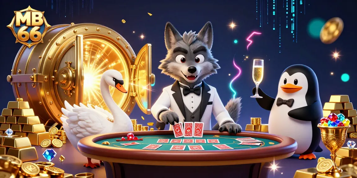 Engage with the excitement of MB 66 as a debonair wolf, elegant swan, and sommelier present thrilling casino scenes.
