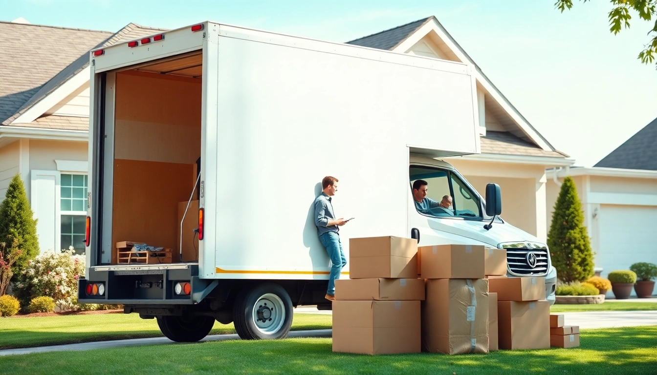 Moving truck for provincial moving & storage outside a home, showcasing a family discussing logistics.