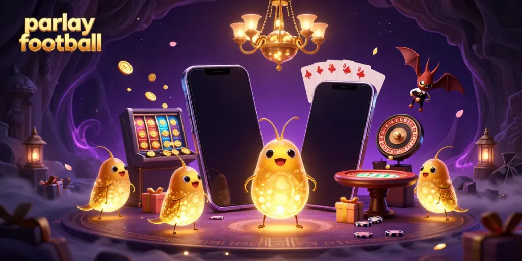 Engage in parlay football betting with vibrant 3D visuals of glowworms in a cave casino.